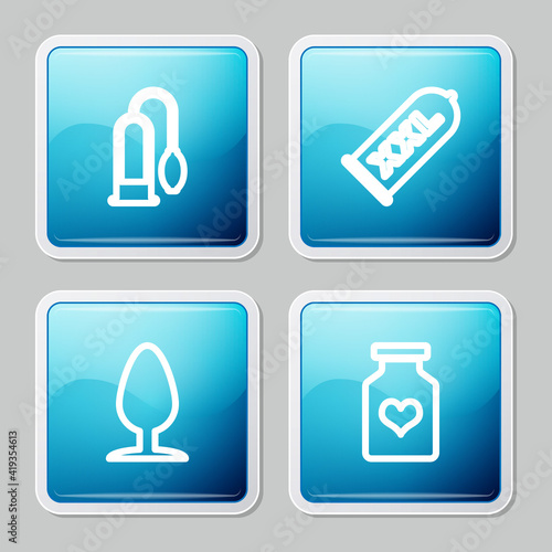 Set line Penis pump, Condom safe sex, Anal plug and Bottle with pills for potency icon. Vector.