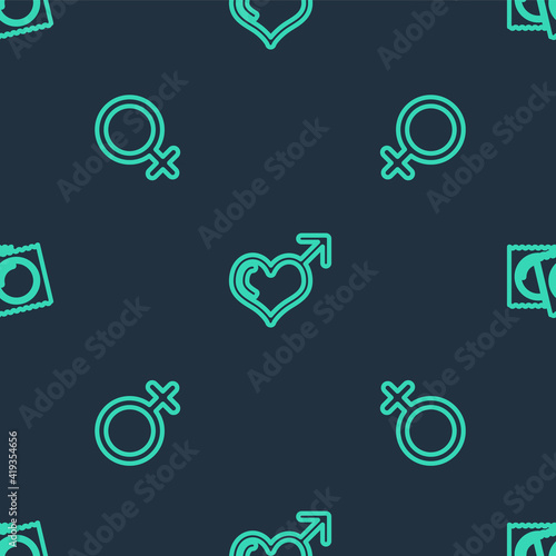 Set line Male gender and heart, Female symbol and Condoms in package on seamless pattern. Vector.