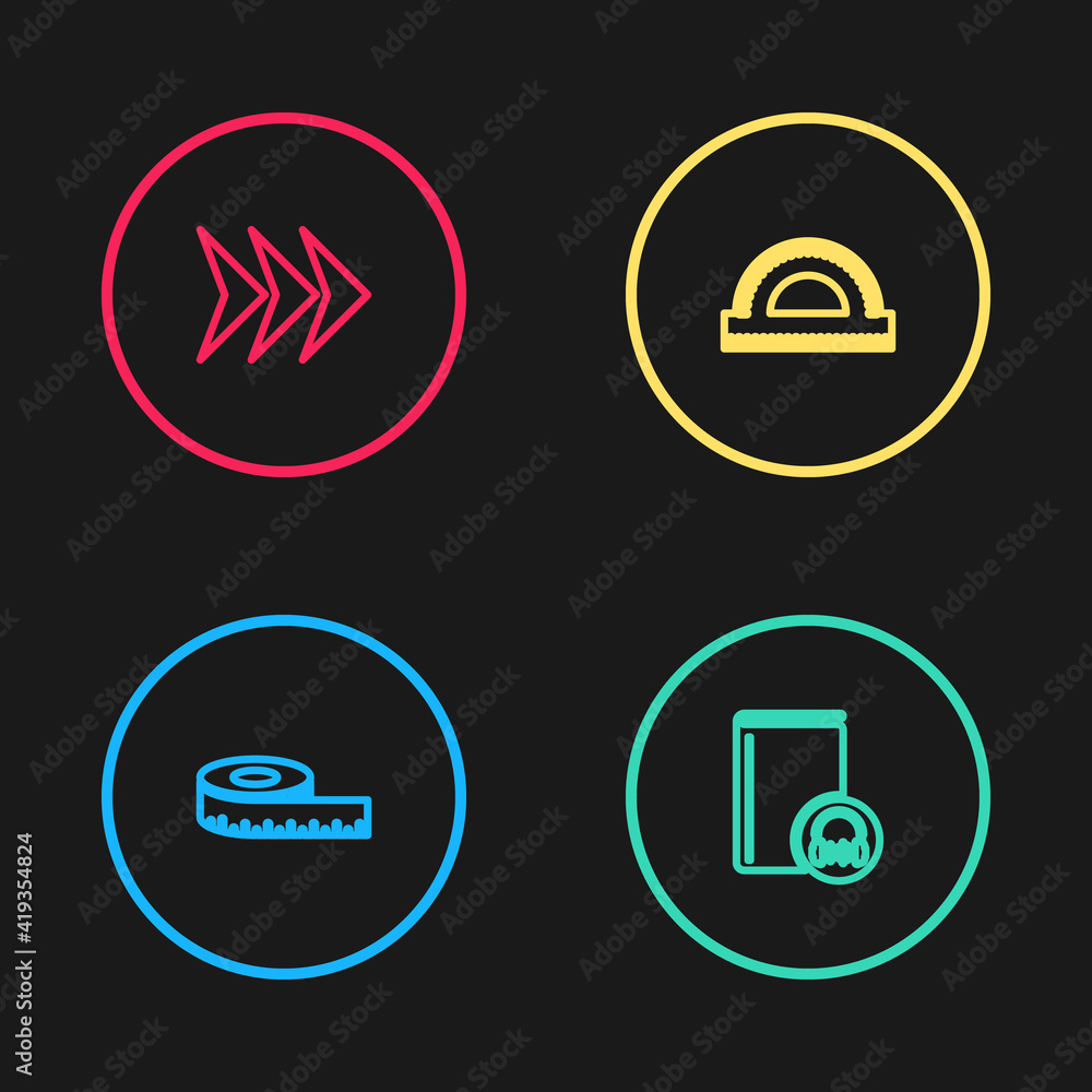 Set line Tape measure, Audio book, Protractor grid and Arrow icon. Vector. Set line Tape measure, Audio book, Protractor grid and Arrow icon. Vector.