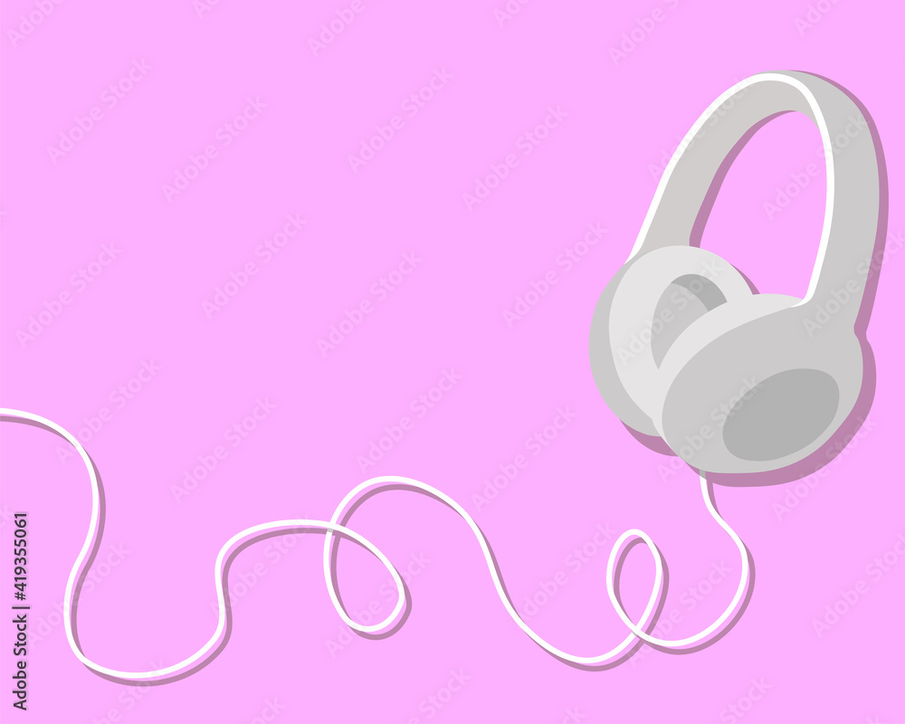 Vector illustration white headphones with cord on pink background.