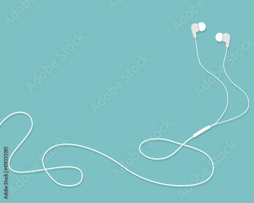 Vector illustration white headphones with cord on blue background.