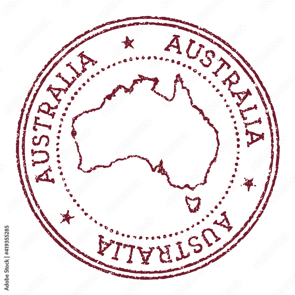 Australia round rubber stamp with country map. Vintage red passport