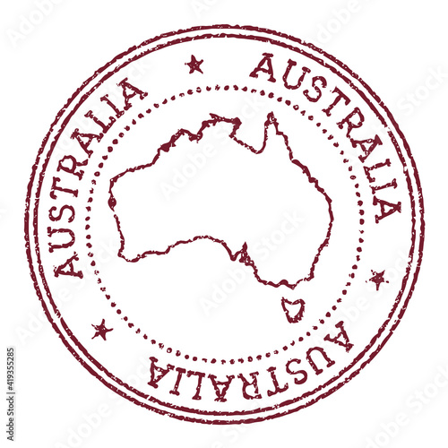 Australia round rubber stamp with country map. Vintage red passport stamp with circular text and stars, vector illustration.