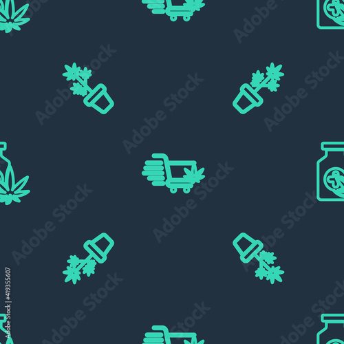 Set line Shopping cart with marijuana, Marijuana plant pot and Medical bottle on seamless pattern. Vector.