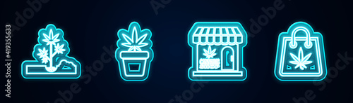 Set line Planting marijuana, Marijuana plant pot, and cannabis store and Shopping bag of. Glowing neon icon. Vector.
