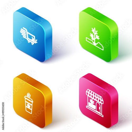 Set Isometric line Shopping cart with marijuana, Planting, Cup coffee and Marijuana and cannabis store icon. Vector.