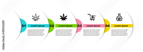 Set line Marijuana or cannabis leaf, , Shopping cart with marijuana and Test tube. Business infographic template. Vector.