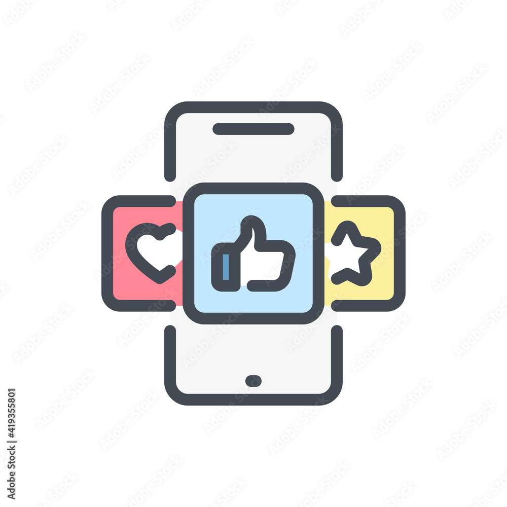 Mobile phone with social media feedback color line icon. Smartphone rating vector outline colorful sign. Mobile phone with social media feedback color line icon. Smartphone rating vector outline colorful sign.