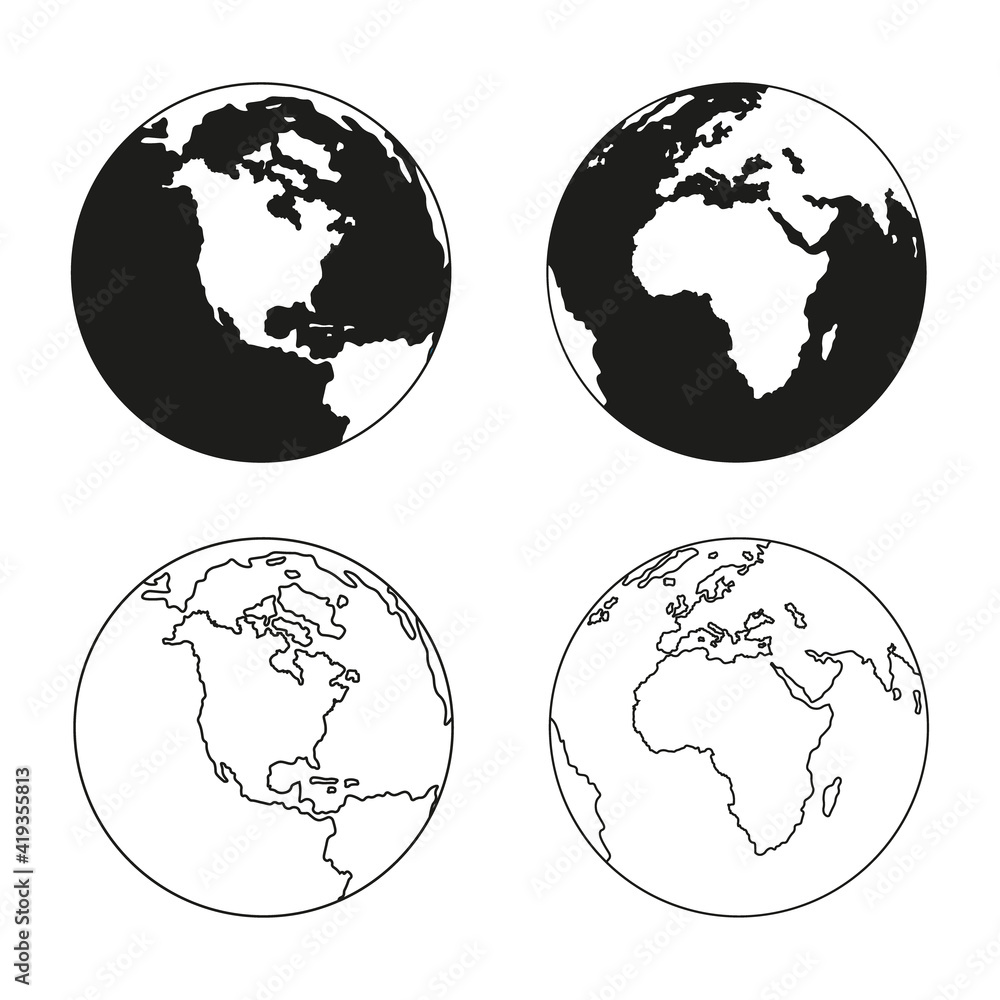 Obraz premium Earth globe icons. earth hemispheres with continents. vector world map set.