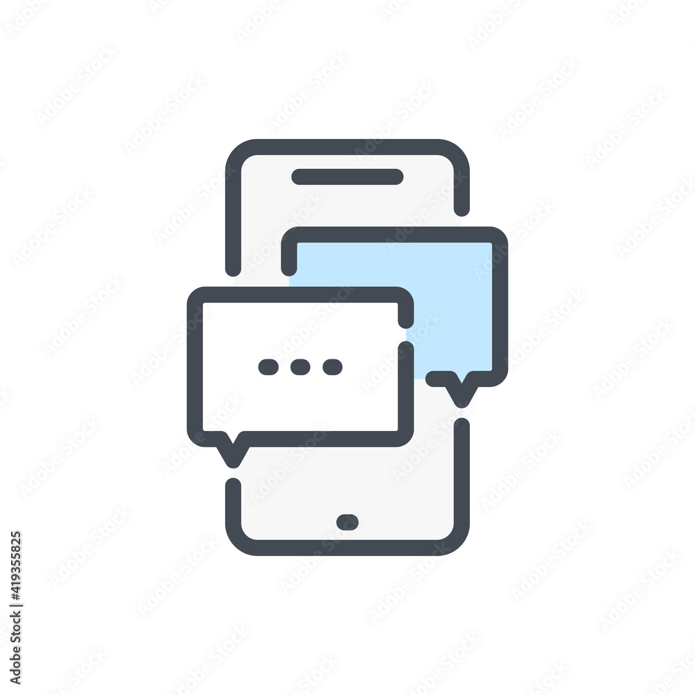 Mobile phone message communication color line icon. Smartphone with chat boxes vector outline colorful sign. Mobile phone message communication color line icon. Smartphone with chat boxes vector outline colorful sign.