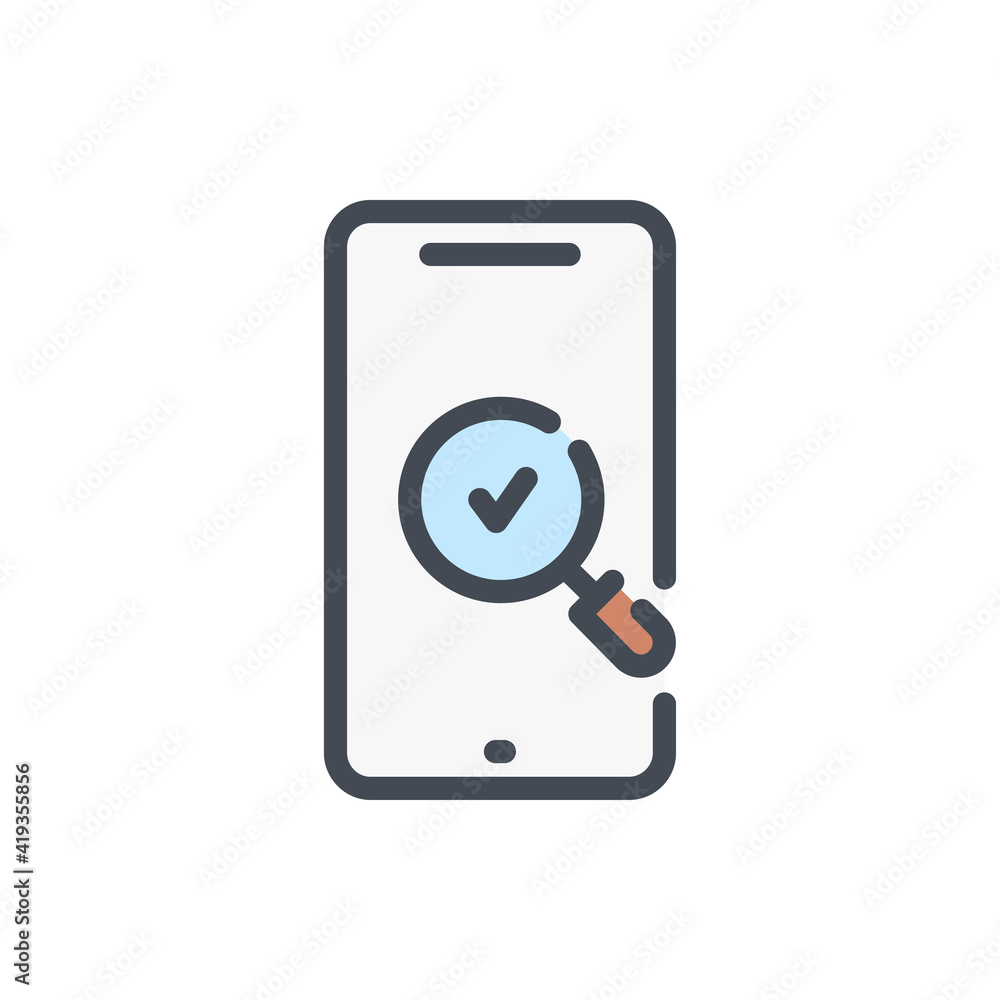 Search mobile phone color line icon. Smartphone with magnifier glass and check mark vector outline colorful sign. Search mobile phone color line icon. Smartphone with magnifier glass and check mark vector outline colorful sign.