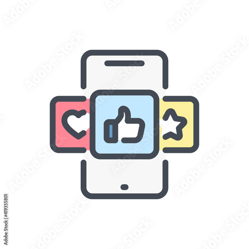 Mobile phone with social media feedback color line icon. Smartphone rating vector outline colorful sign.