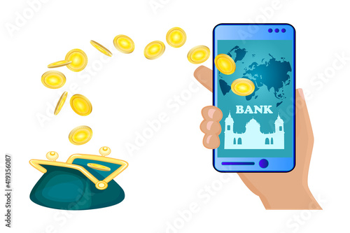 Wallet, coins and hand holding smartphone isolated on white background. Coins fly in to mobile phone. Concept of money transfer, online payment, internet banking, E-commerce. Stock vector illustration