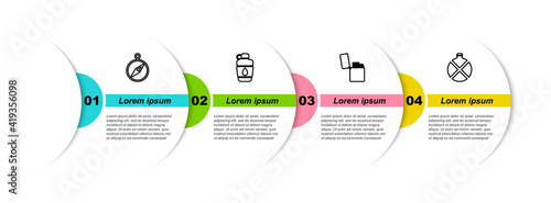 Set line Compass, Canteen water bottle, Lighter and . Business infographic template. Vector.