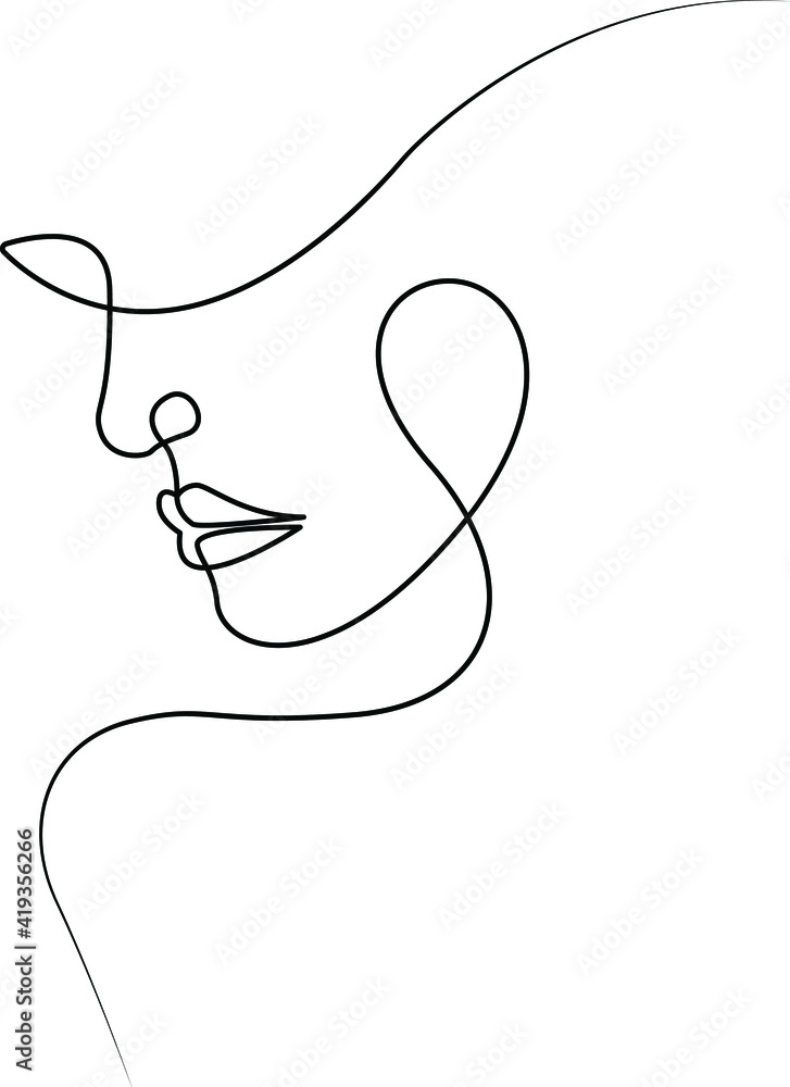 Minimalistic silhouette of woman face. Black and white. White background. One line drawing.
