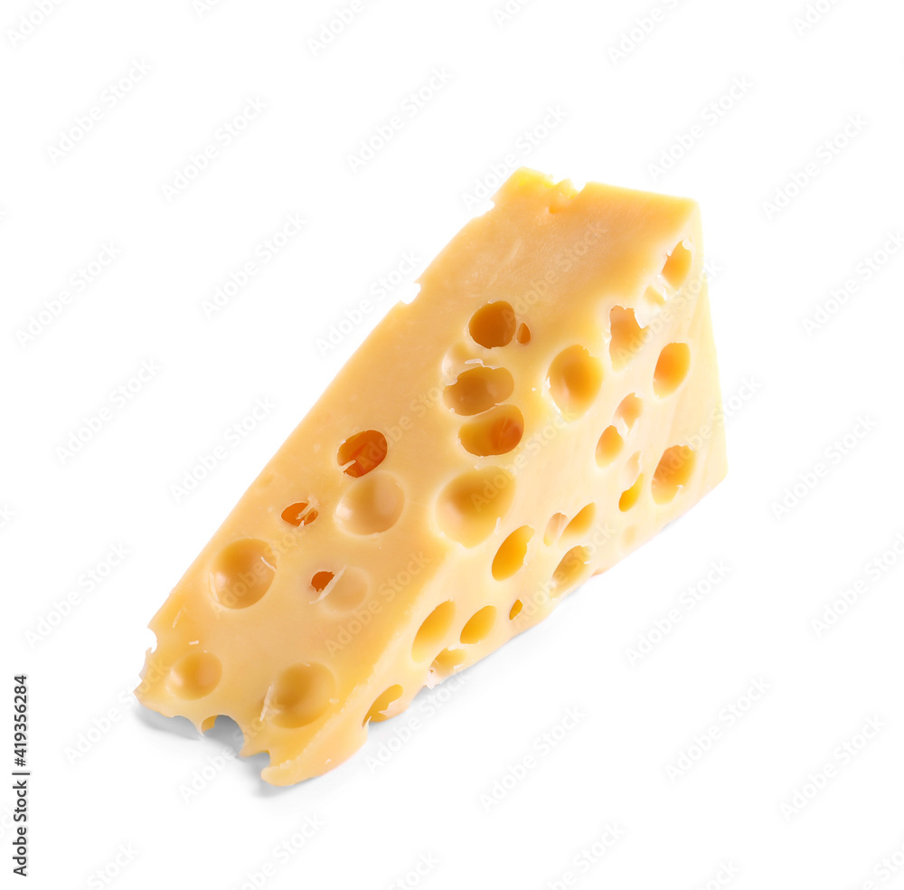 Piece of cheese with holes isolated on white Piece of cheese with holes isolated on white