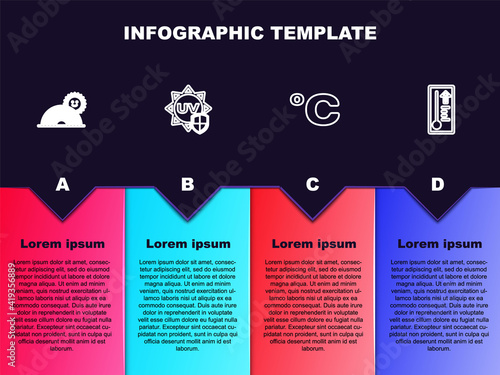 Set line Rainbow with sun, UV protection, Celsius and Meteorology thermometer. Business infographic template. Vector.