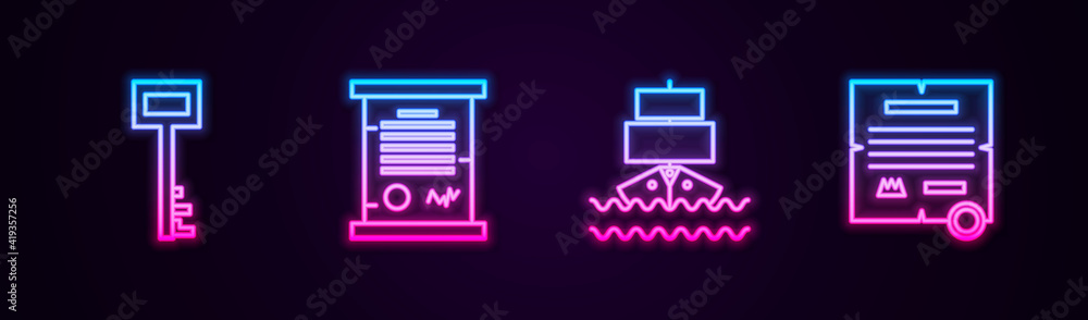 Set line Pirate key, Decree, parchment, scroll, Ship and . Glowing neon icon. Vector. Set line Pirate key, Decree, parchment, scroll, Ship and . Glowing neon icon. Vector.