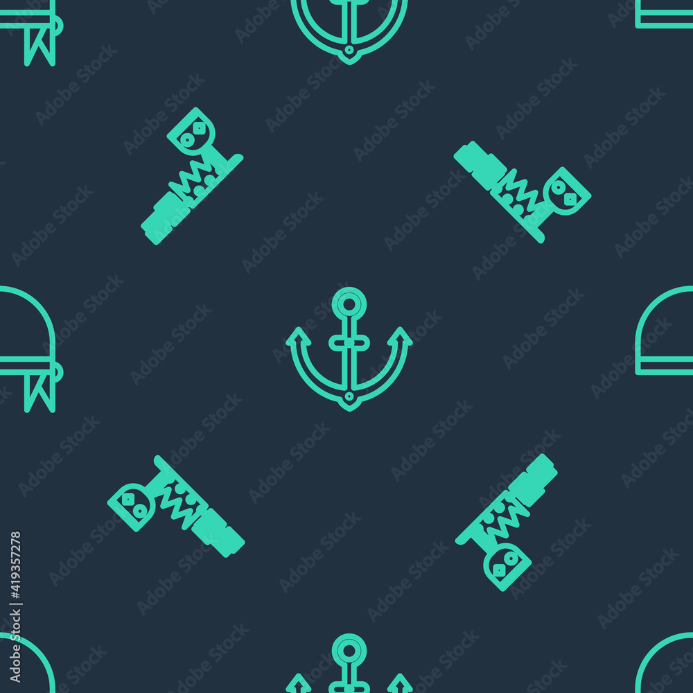 Set line Anchor, Treasure and riches and Pirate bandana for head on seamless pattern. Vector. Set line Anchor, Treasure and riches and Pirate bandana for head on seamless pattern. Vector.