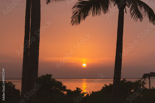 Amazing purple evening sky over Indian ocean. Idyllic sunset over tropical beach with palm trees silhouettes. Sunset with sunny path in evening dusk. Tranquil twilight over calm water. 