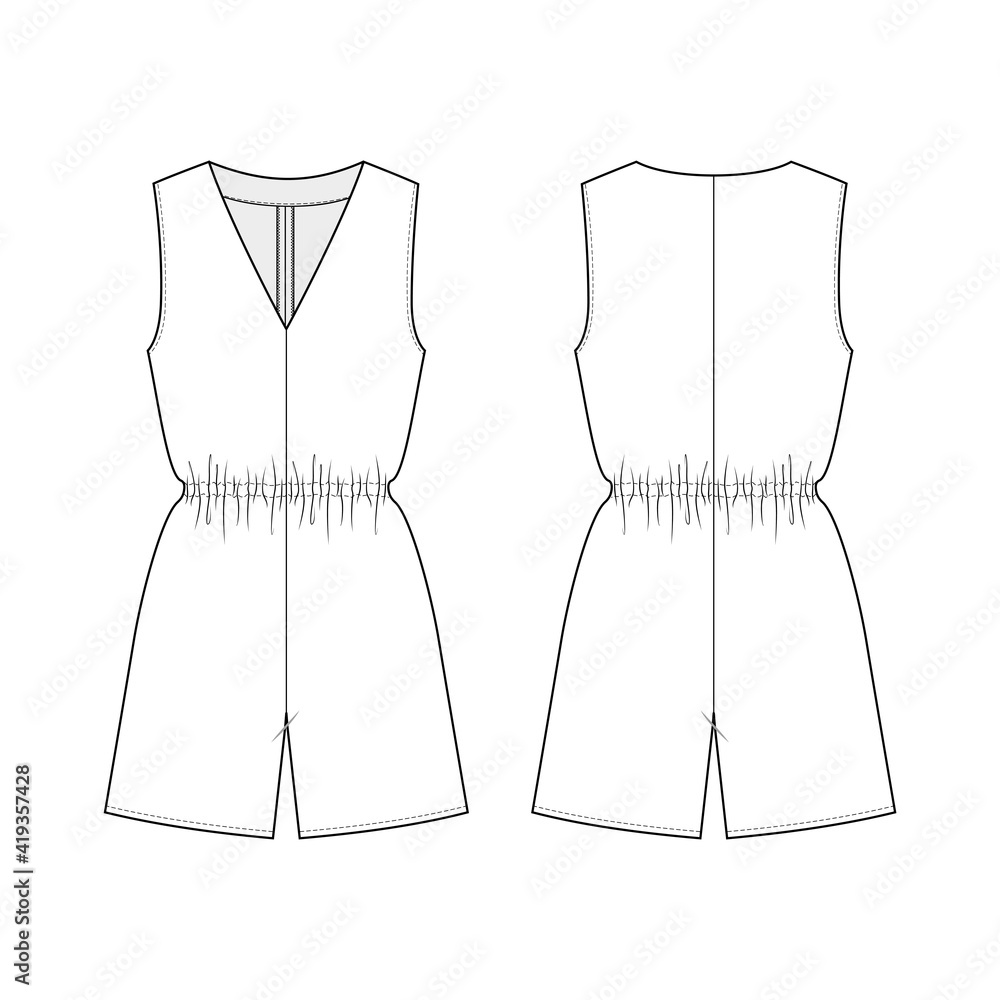 Fashion technical drawing of homewear short sleeveless jumpsuit for women  Stock Vector | Adobe Stock