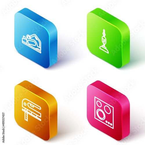 Set Isometric line Electric planer tool, Vacuum cleaner, jigsaw and Gas stove icon. Vector.