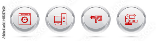 Set line Washer, Computer monitor, Rotary hammer drill machine and Electric jigsaw. Silver circle button. Vector.
