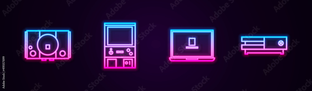 Set line Video game console, Retro arcade machine, Laptop and . Glowing neon icon. Vector. Set line Video game console, Retro arcade machine, Laptop and . Glowing neon icon. Vector.