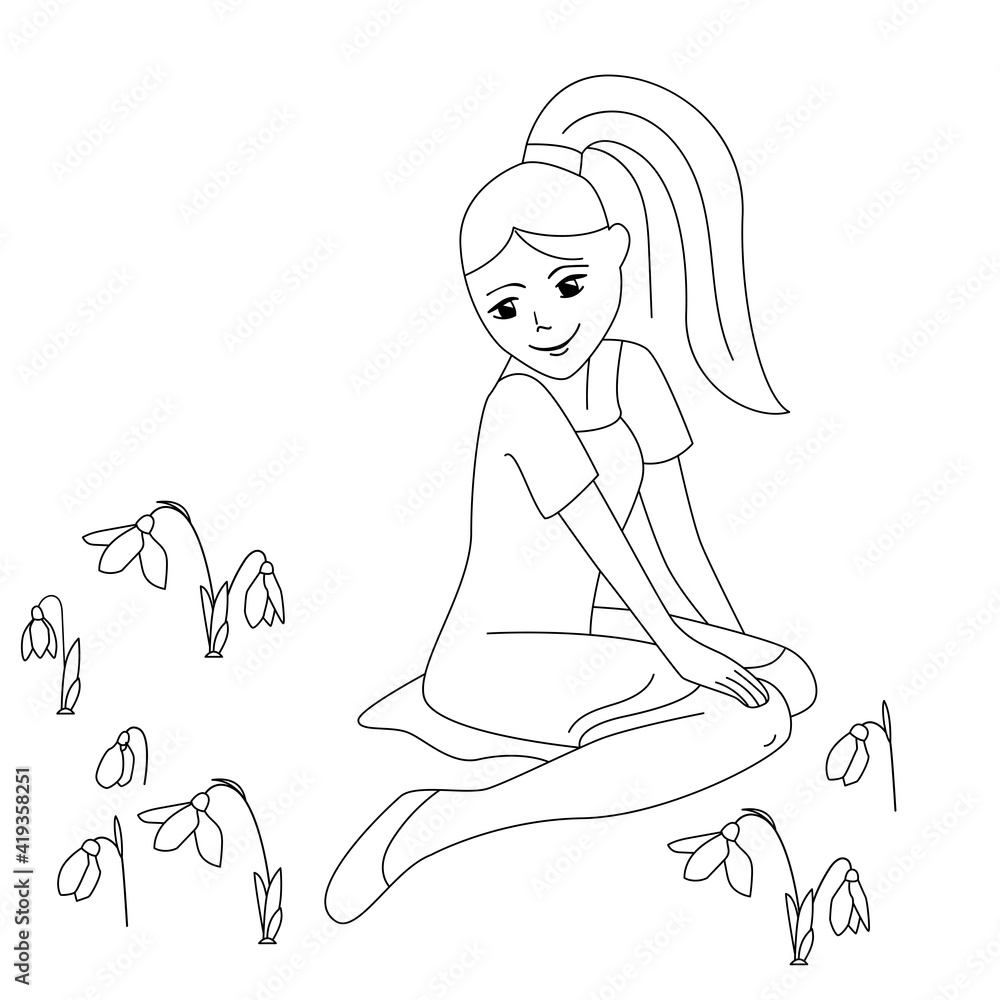 Young girl sitting with daffodils around her. Easter spring festive template. Black and white contour linear illustration can be used for coloring book. Young girl sitting with daffodils around her. Easter spring festive template. Black and white contour linear illustration can be used for coloring book.