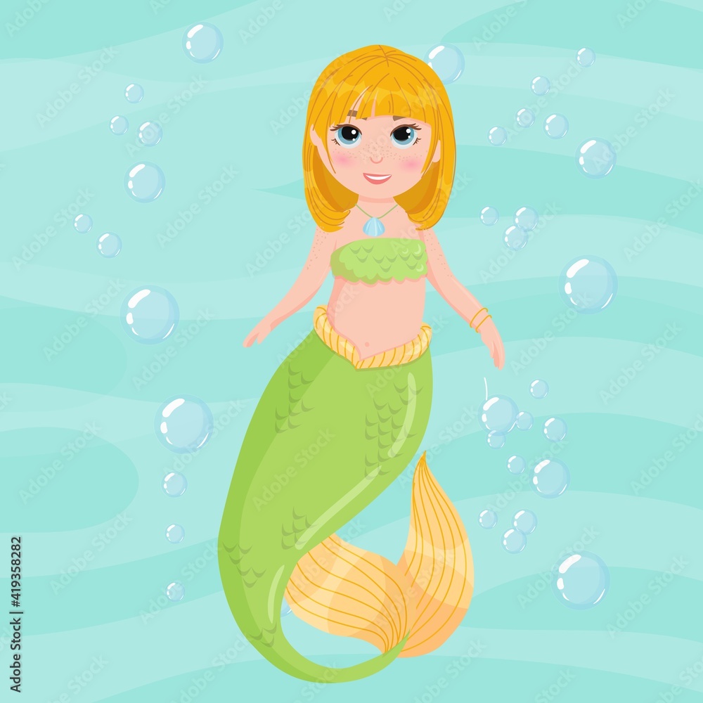 Cute cartoon mermaid. Little Mermaid with Red Hair and Green Tail. A magical creature. Vector illustration isolated on white background. Cute cartoon mermaid. Little Mermaid with Red Hair and Green Tail. A magical creature. Vector illustration isolated on white background.