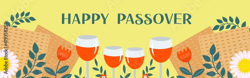 Passover banner. Pesach template for your design with matzah and spring flowers. Happy Passover inscription. Jewish holiday background. Vector illustration