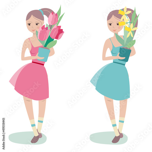 Young girl standing with flowerpot with tulips and daffodils. Two variants of color. Spring illustration can be used for planting and gardening.