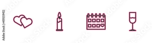 Set line Heart, Calendar with heart, Burning candle and Wine glass icon. Vector.