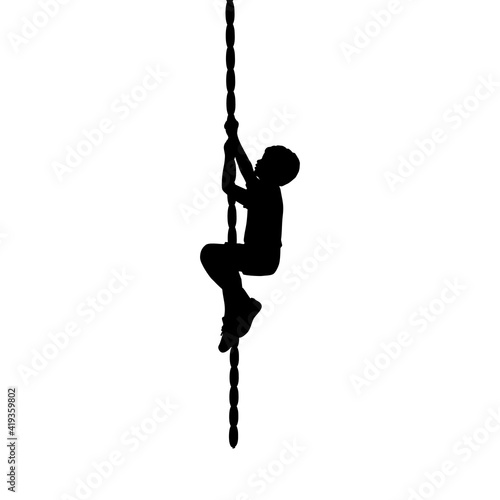 Silhouette boy climb up the rope