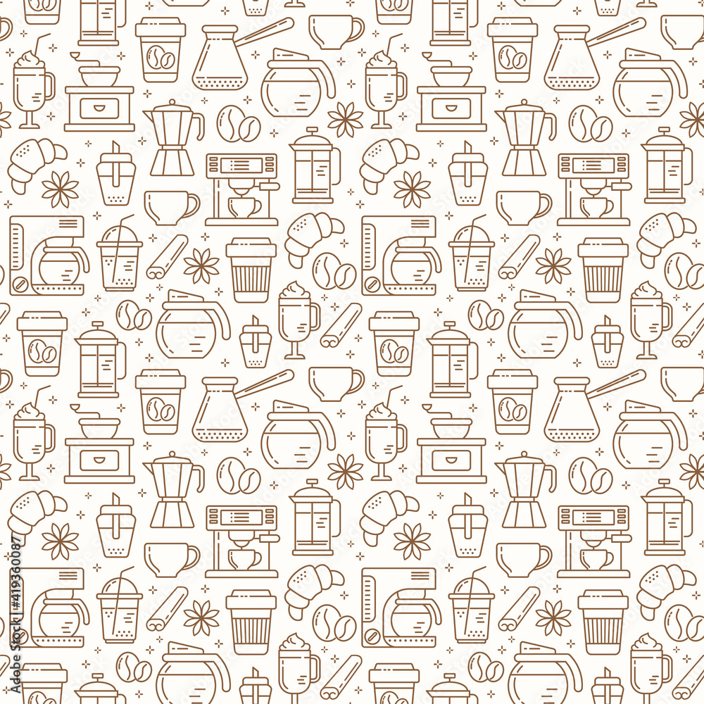 Seamless coffee pattern with line style icons. Coffee shop or cafe background. Seamless coffee pattern with line style icons. Coffee shop or cafe background.