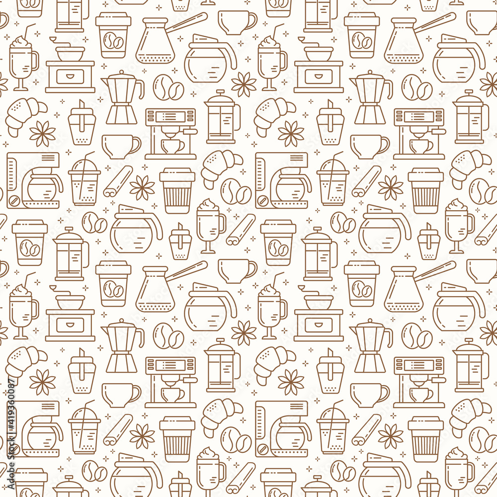 Seamless coffee pattern with line style icons. Coffee shop or cafe background.