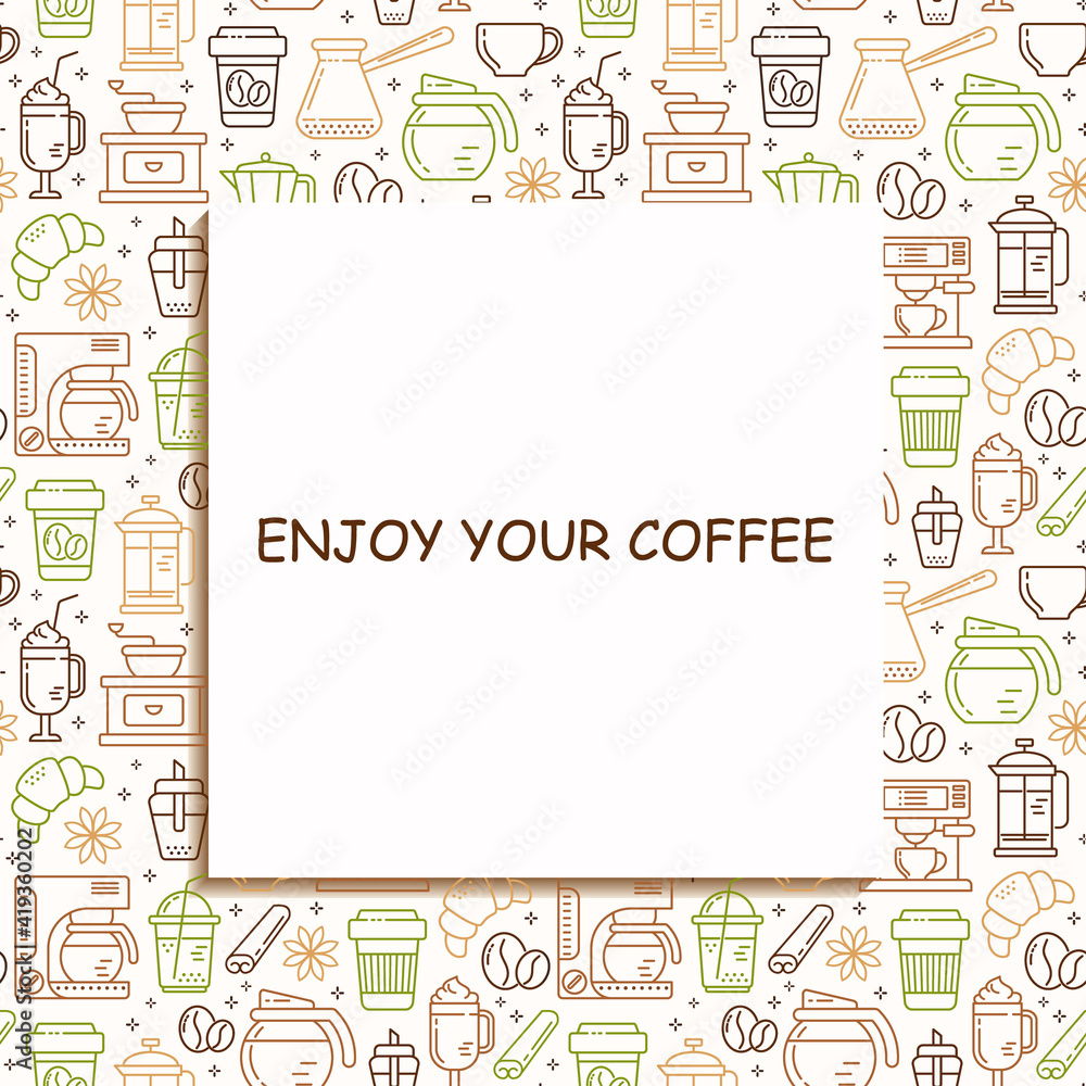 Seamless coffee pattern with line style icons. Coffee shop or cafe background, flyer, label, banner. Cafe menu.