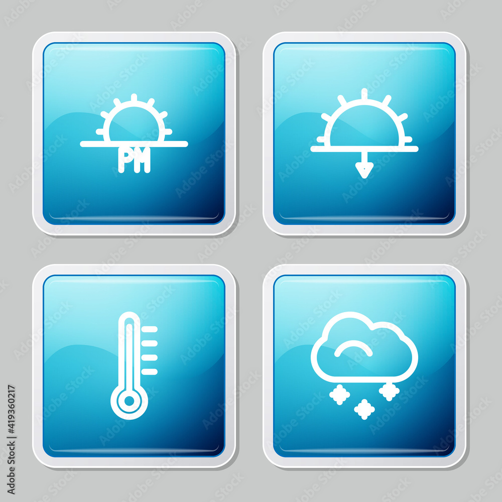 Set line Sunset, , Meteorology thermometer and Cloud with snow icon. Vector.