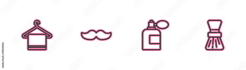 Set line Towel on a hanger, Aftershave bottle with atomizer, Mustache and Shaving brush icon. Vector. Set line Towel on a hanger, Aftershave bottle with atomizer, Mustache and Shaving brush icon. Vector.