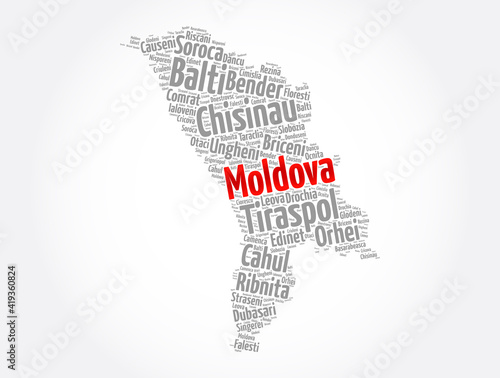 List of cities and towns in Moldova, map word cloud collage, business and travel concept background
