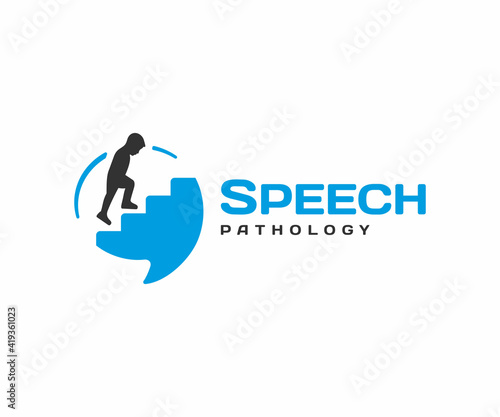 Speech pathology logo design. Speech therapy vector design. Сhild climbing stairs in speech bubble logotype