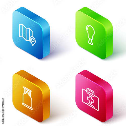 Set Isometric line Location of the forest on map, Chicken leg, Camping gas stove and First aid kit icon. Vector.