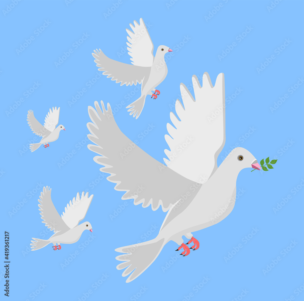 Vector illustration of a flock birds in a blue sky. Cute dove with olive. Vector illustration of a flock birds in a blue sky. Cute dove with olive.