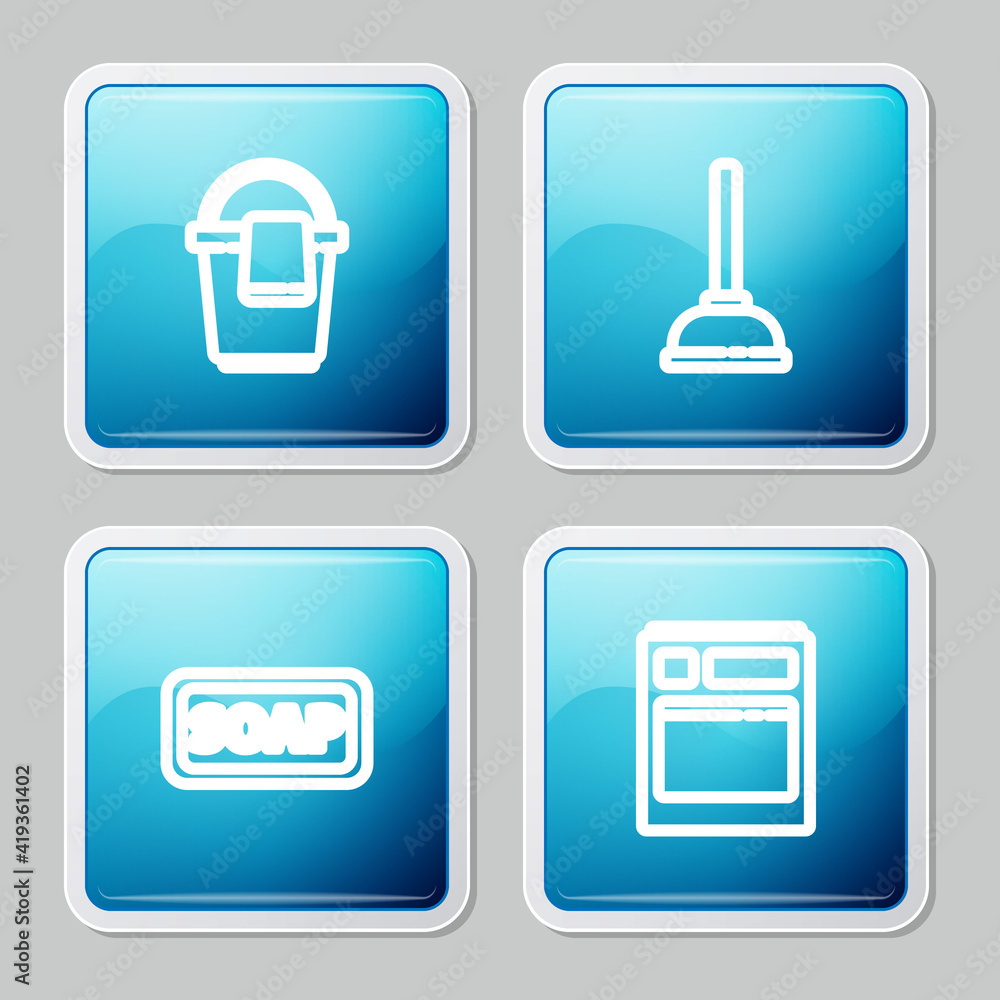Set line Bucket with rag, Rubber plunger, Bar of soap and Kitchen dishwasher machine icon. Vector. Set line Bucket with rag, Rubber plunger, Bar of soap and Kitchen dishwasher machine icon. Vector.