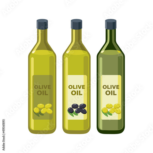 Olive oil bottles set in flat design vector illustrations isolated on white background. Olive oil icon.