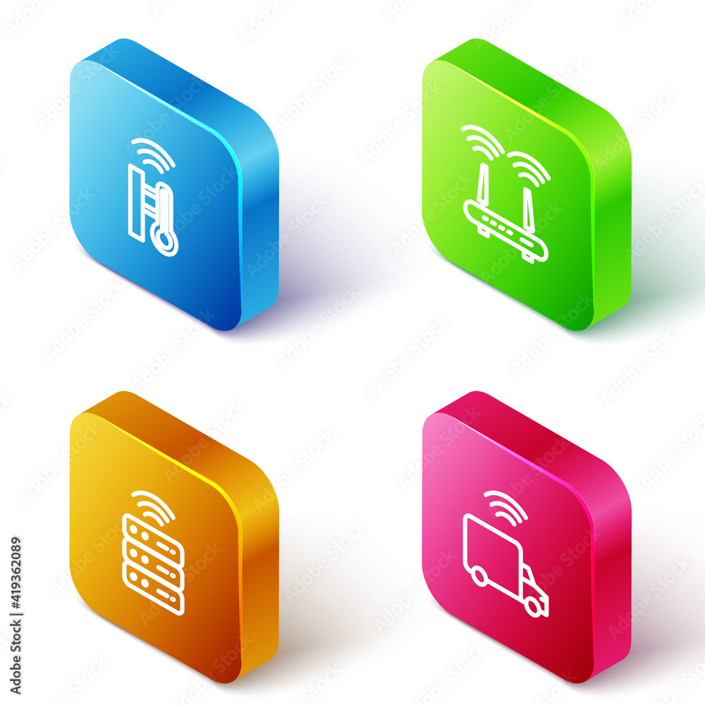 Set Isometric line Smart thermometer, Router and wi-fi signal, server and truck icon. Vector. Set Isometric line Smart thermometer, Router and wi-fi signal, server and truck icon. Vector.
