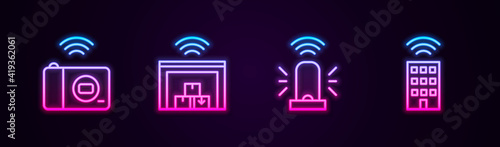 Set line Smart photo camera, warehouse, flasher siren and home with wireless. Glowing neon icon. Vector.