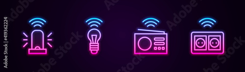 Set line Smart flasher siren, light bulb, radio and electrical outlet. Glowing neon icon. Vector.