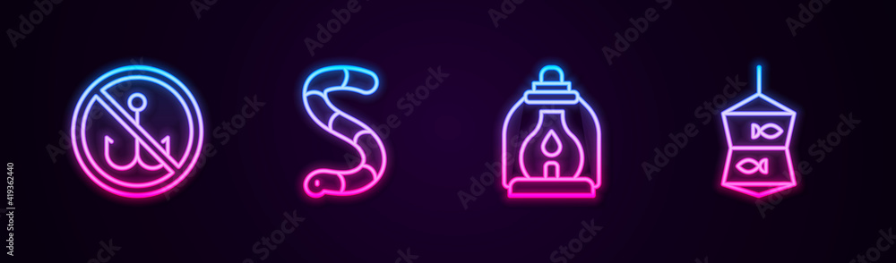 Set line No fishing, Worm, Camping lantern and Fishing net with. Glowing neon icon. Vector. Set line No fishing, Worm, Camping lantern and Fishing net with. Glowing neon icon. Vector.