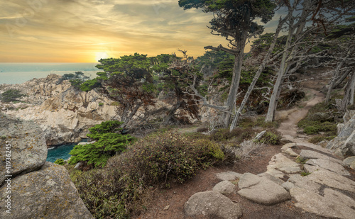 Beautiful landscape view of the hiking trail on the rocky Pacific coast at Point Lobos State Reserve in Carmel, California.
